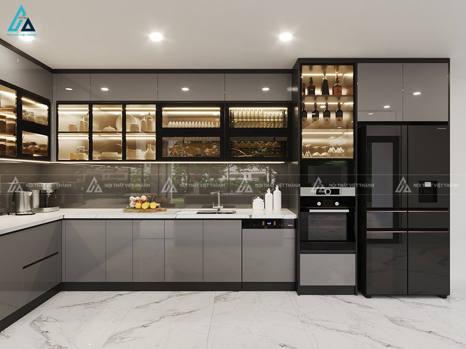 Tủ bếp acrylic thiết kế tiện nghi  với hệ tủ kính sang trọng