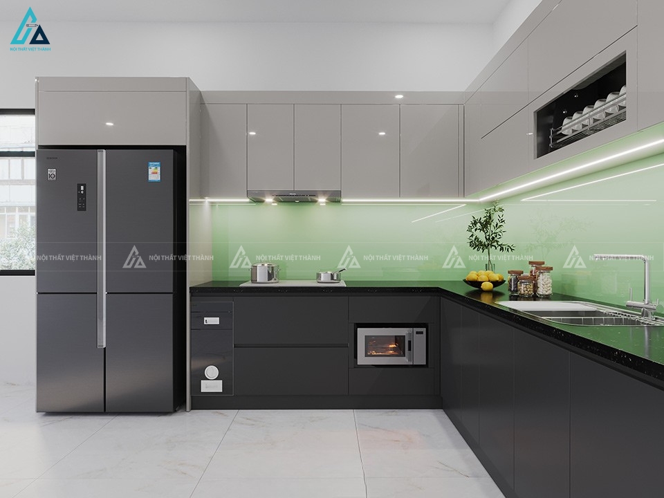 Tủ bếp acrylic hiện đại phối màu xám sang trọng cho căn hộ 1