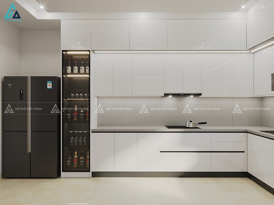 Tủ bếp acrylic màu trắng tích hợp tủ rượu sang trọng cho căn hộ