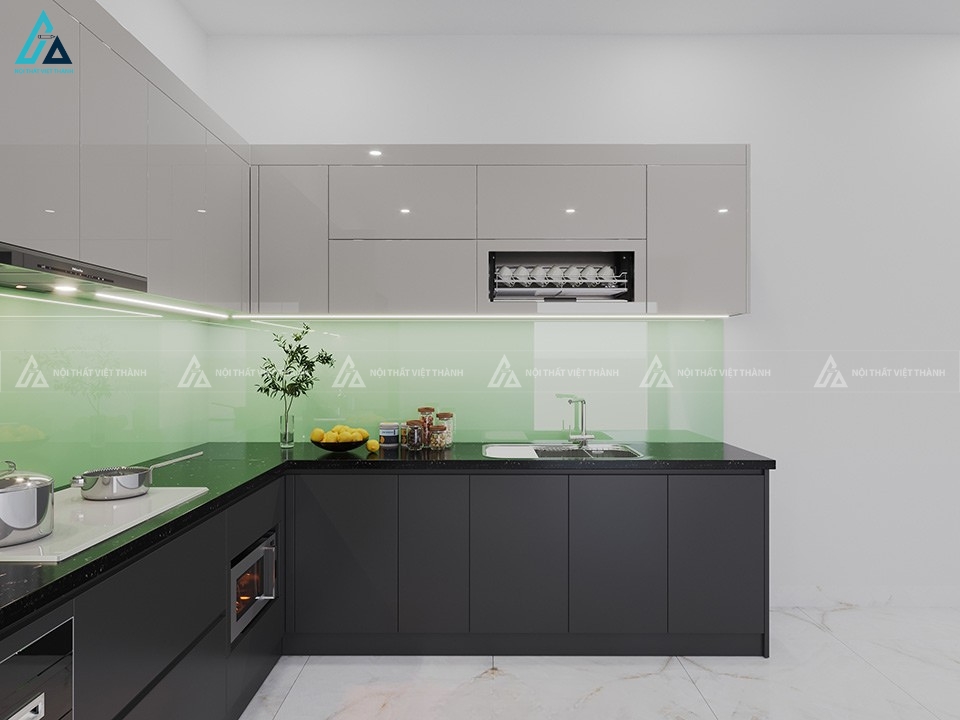 Tủ bếp acrylic hiện đại phối màu xám sang trọng cho căn hộ 2