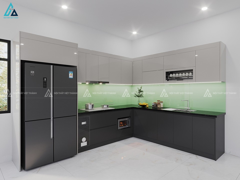 Tủ bếp acrylic hiện đại phối màu xám sang trọng cho căn hộ