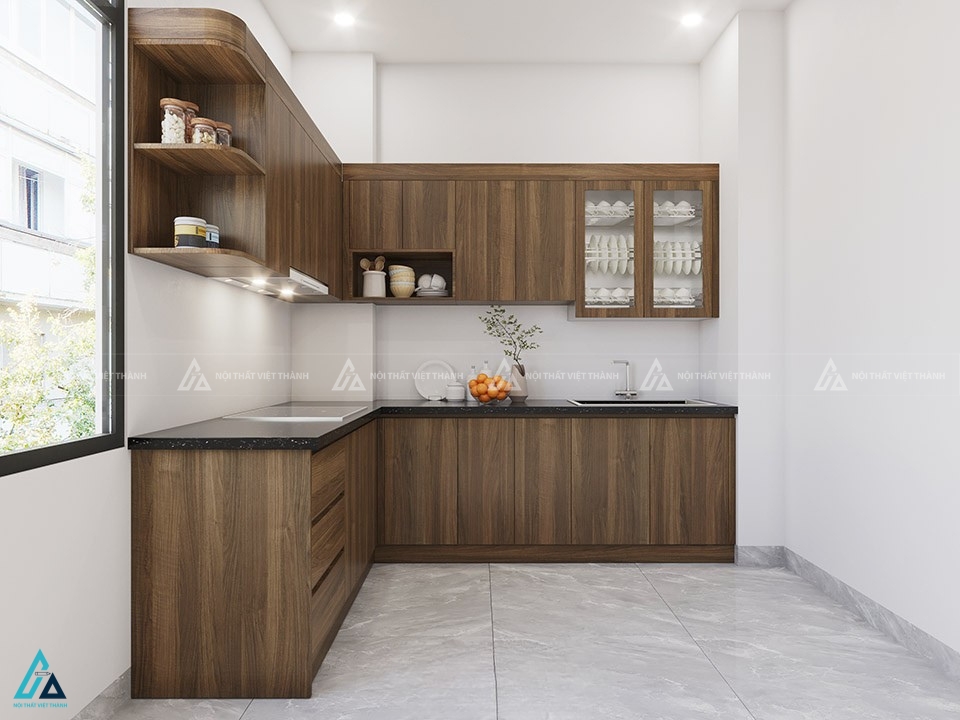 Bộ tủ bếp gỗ công nghiệp chữ L cao cấp kết hợp mặt đá đen 1
