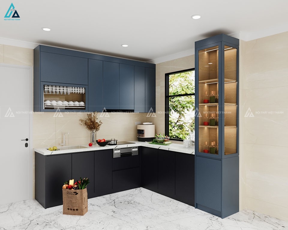 Tủ bếp gỗ công nghiệp bền đẹp tích hợp tủ kính trưng bày độc đáo