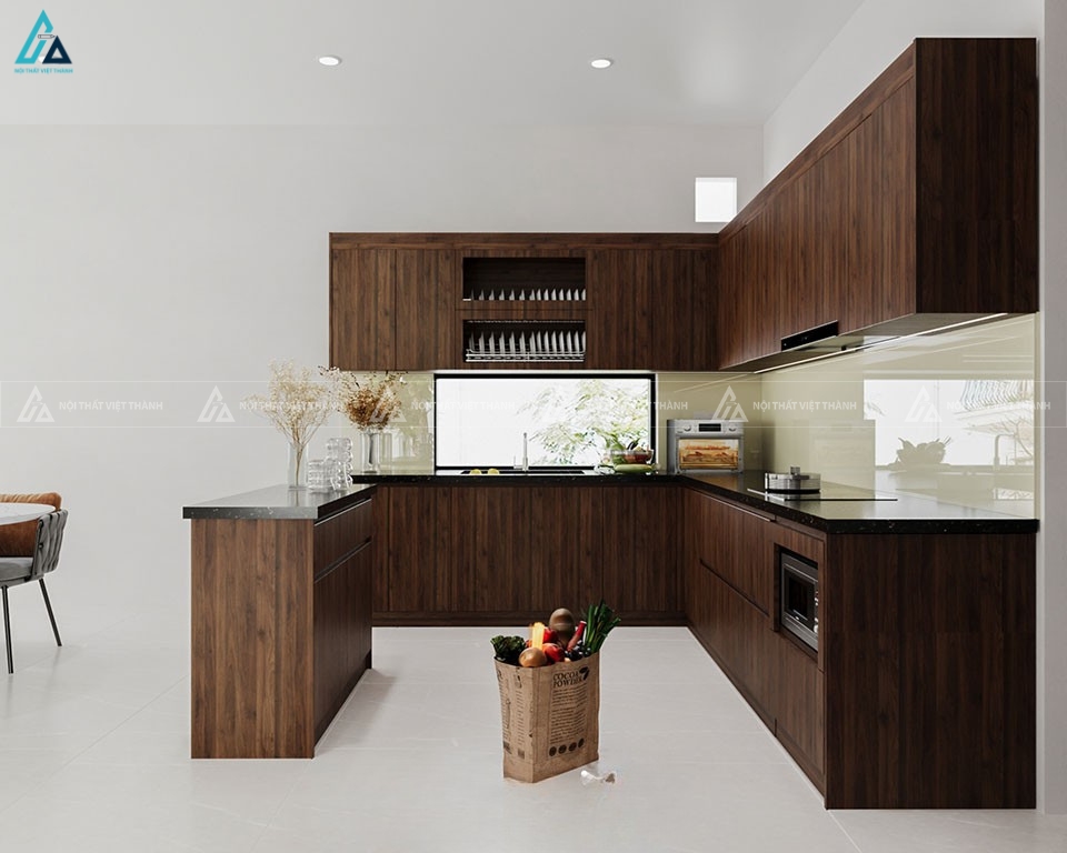 Tủ bếp gỗ công nghiệp cao cấp thiết kế chữ L kèm bàn đảo tiện lợi