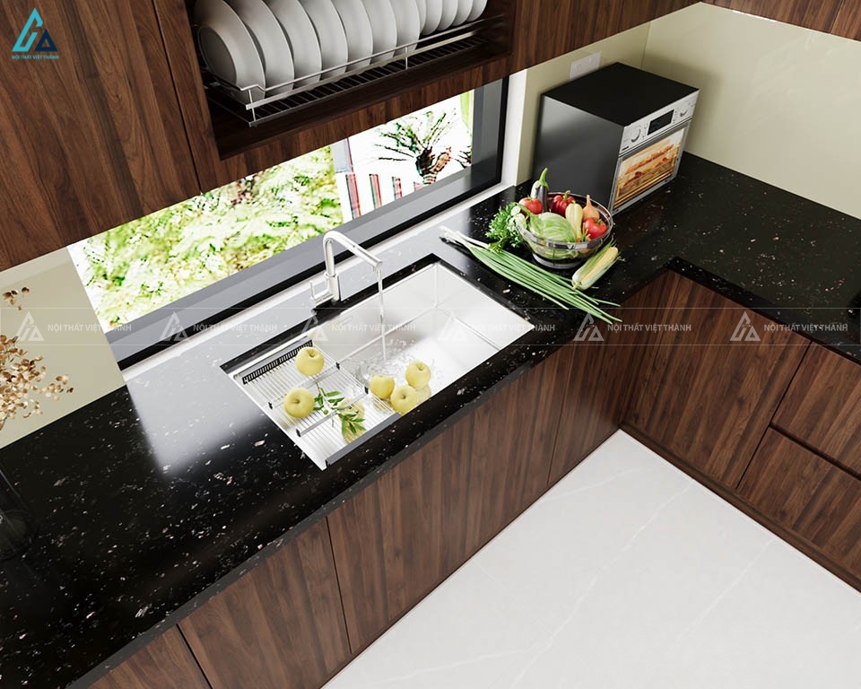 Tủ bếp gỗ công nghiệp cao cấp thiết kế chữ L kèm bàn đảo tiện lợi 2