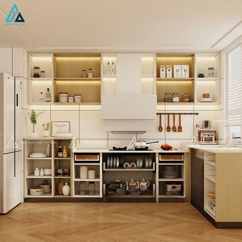 Tủ bếp mdf phong cách tối giản màu gỗ ấm áp kết hợp hệ tủ tiện nghi 1