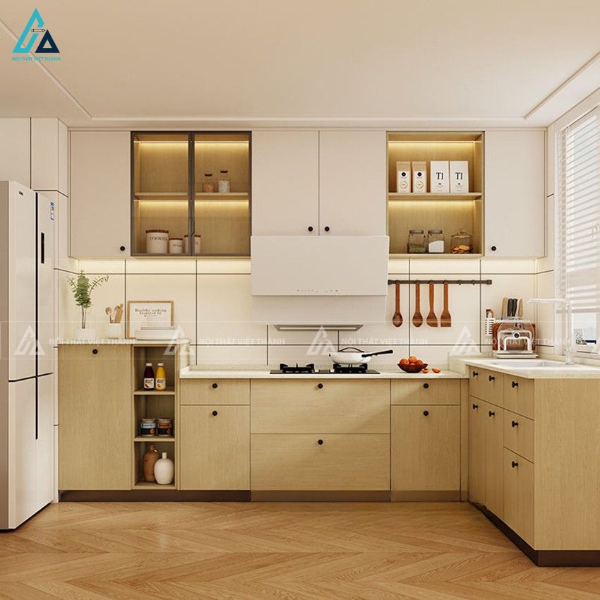 Tủ bếp mdf phong cách tối giản màu gỗ ấm áp kết hợp hệ tủ tiện nghi