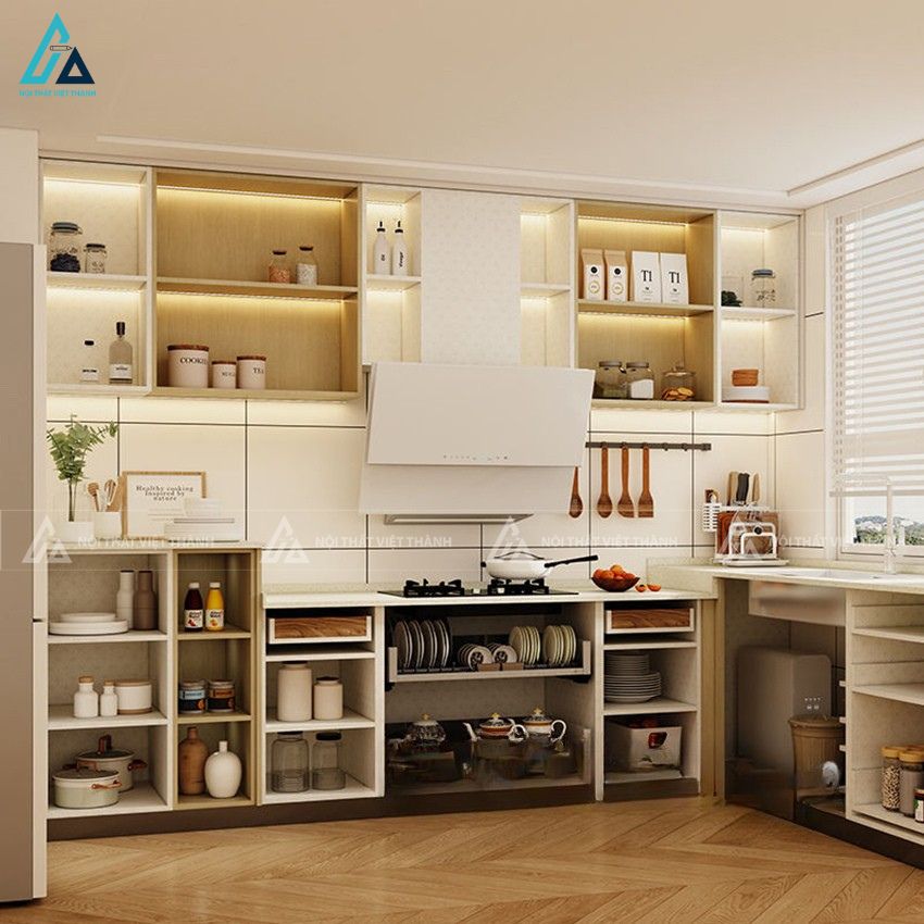 Tủ bếp mdf phong cách tối giản màu gỗ ấm áp kết hợp hệ tủ tiện nghi 2