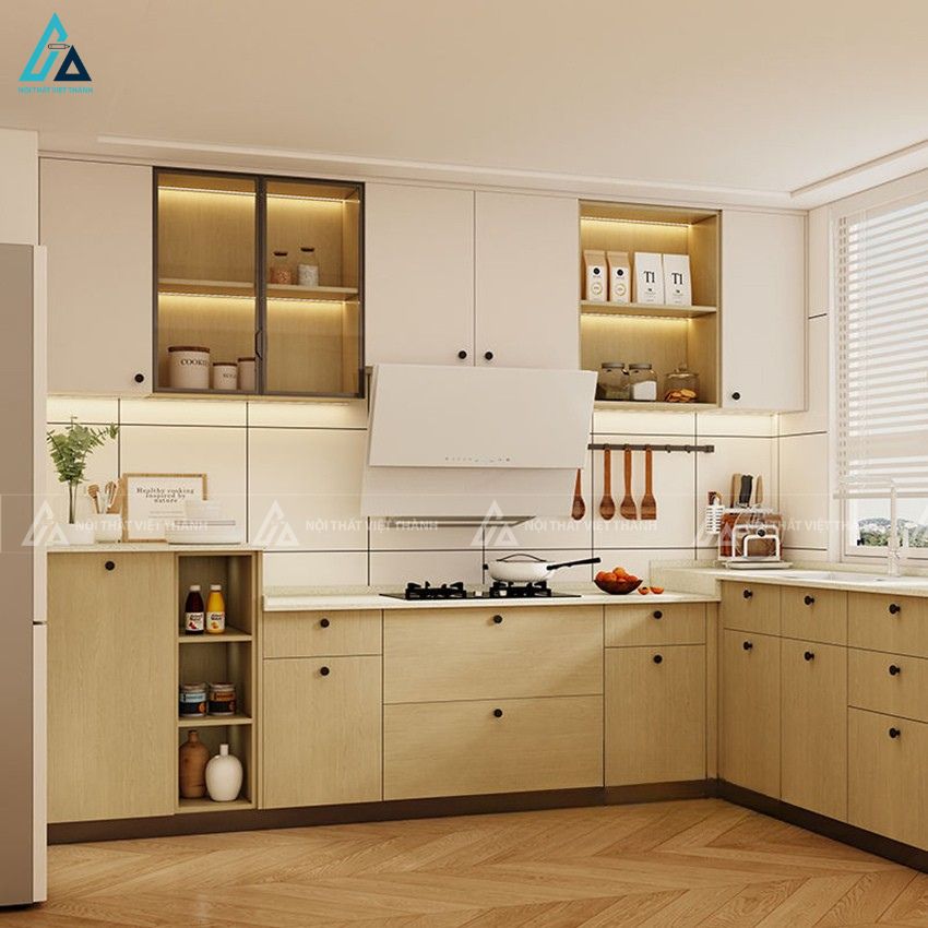 Tủ bếp mdf phong cách tối giản màu gỗ ấm áp kết hợp hệ tủ tiện nghi 3