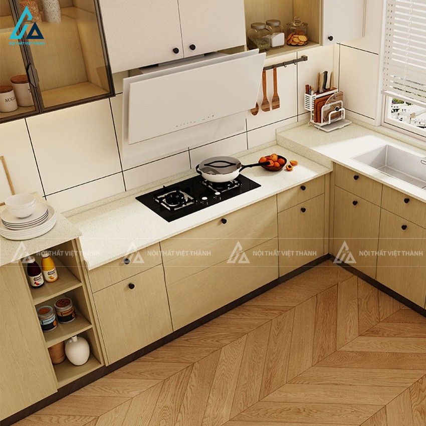 Tủ bếp mdf phong cách tối giản màu gỗ ấm áp kết hợp hệ tủ tiện nghi 4