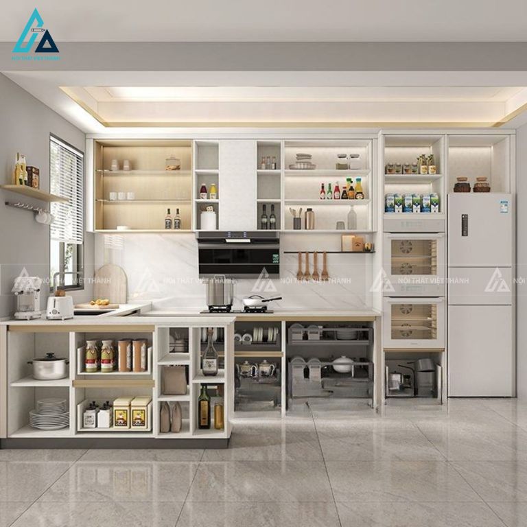 Tủ bếp gỗ công nghiệp mdf kết hợp hệ tủ kho đa năng tối ưu lưu trữ
