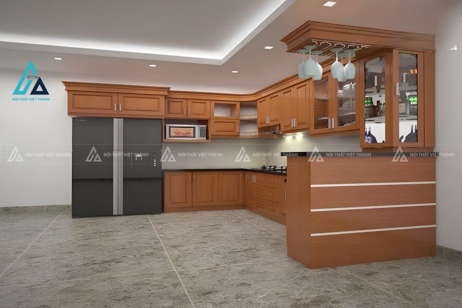 Hệ tủ bếp gỗ tự nhiên tích hợp ô chứa tủ lạnh kịch trần bề thế 1