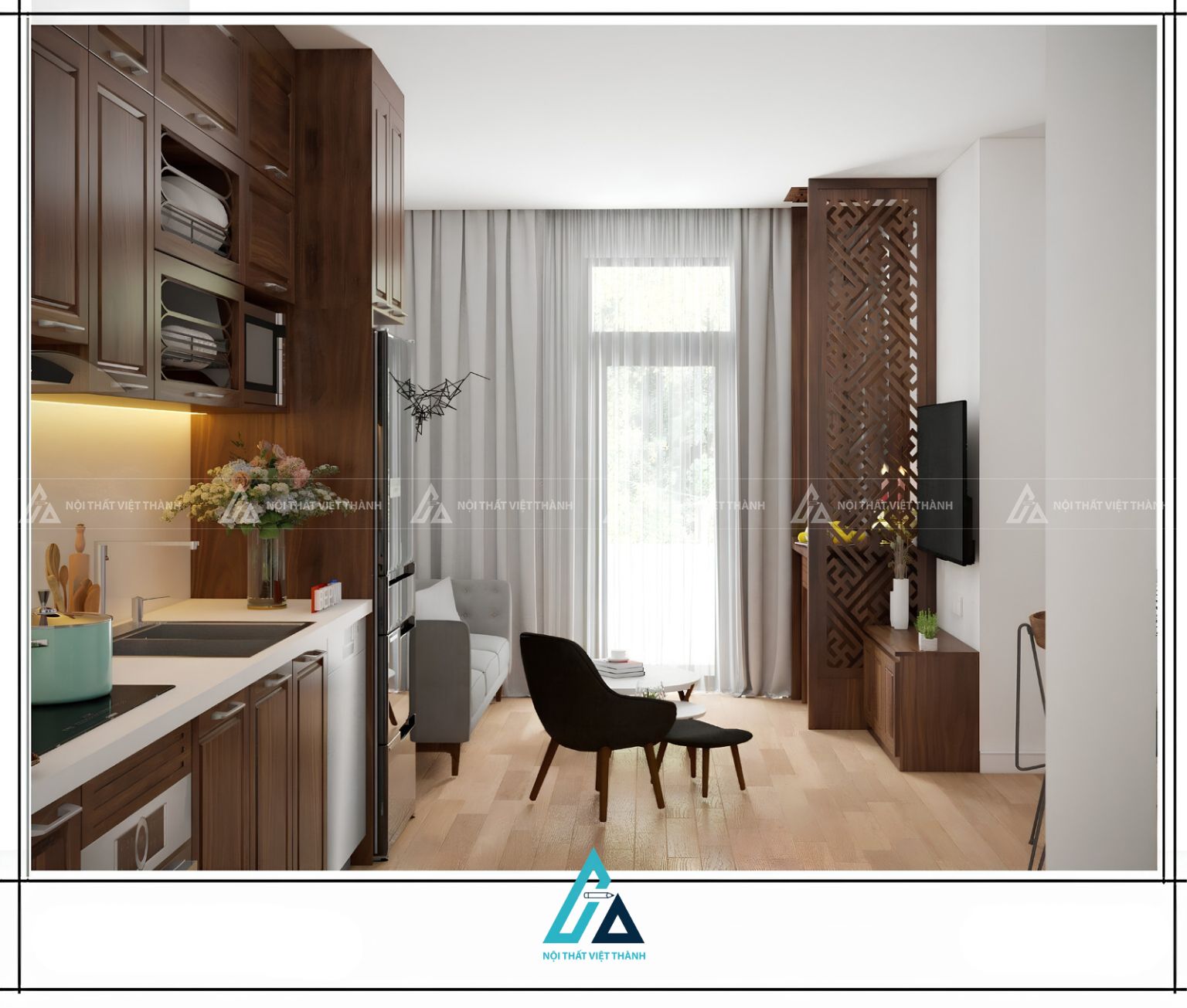Tủ bếp gỗ tự nhiên tân cổ điển chữ I tích hợp lò nướng tiện nghi 2
