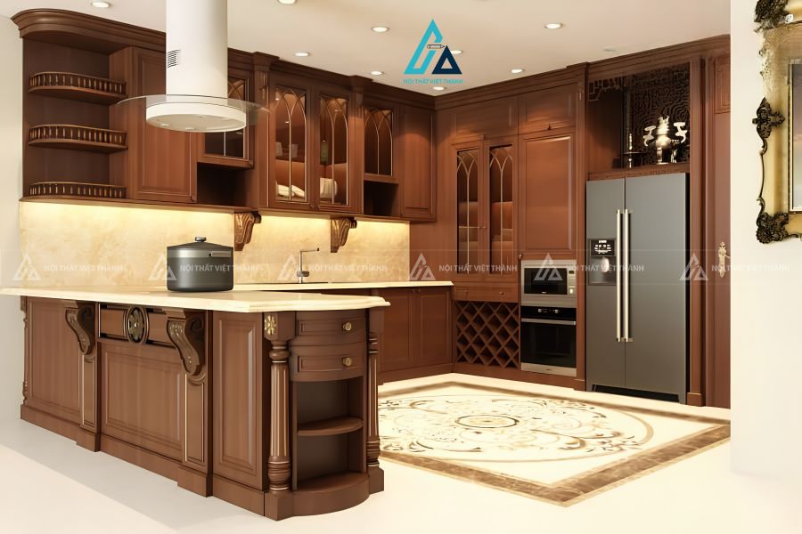Hệ tủ bếp gỗ tự nhiên sang trọng có ô chứa tủ lạnh âm tường lớn 1