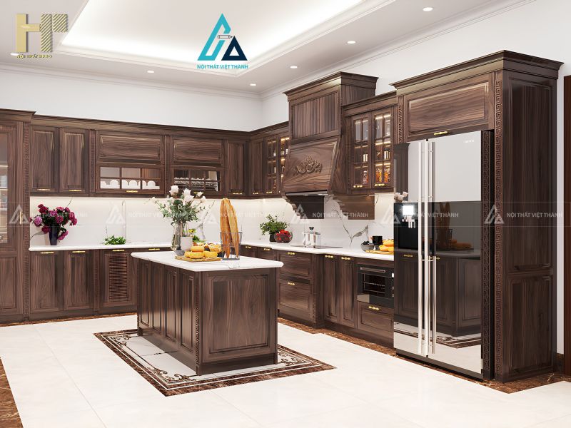 Tủ bếp gỗ tự nhiên có đảo bếp trung tâm tiện lợi và đẳng cấp