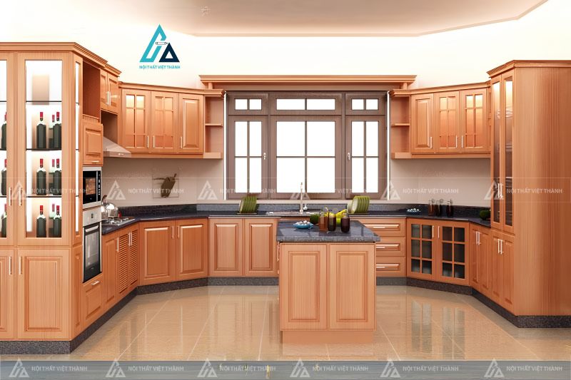 Mẫu tủ bếp gỗ gõ đỏ tự nhiên dáng chữ U bề thế và sang trọng