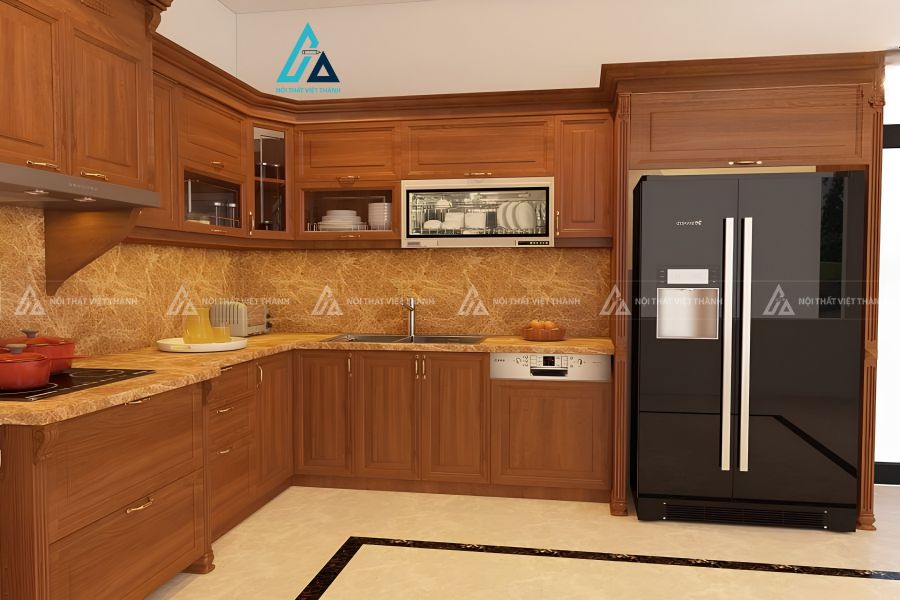 Tủ bếp gỗ tự nhiên tân cổ điển trang bị giá bát nâng hạ thông minh