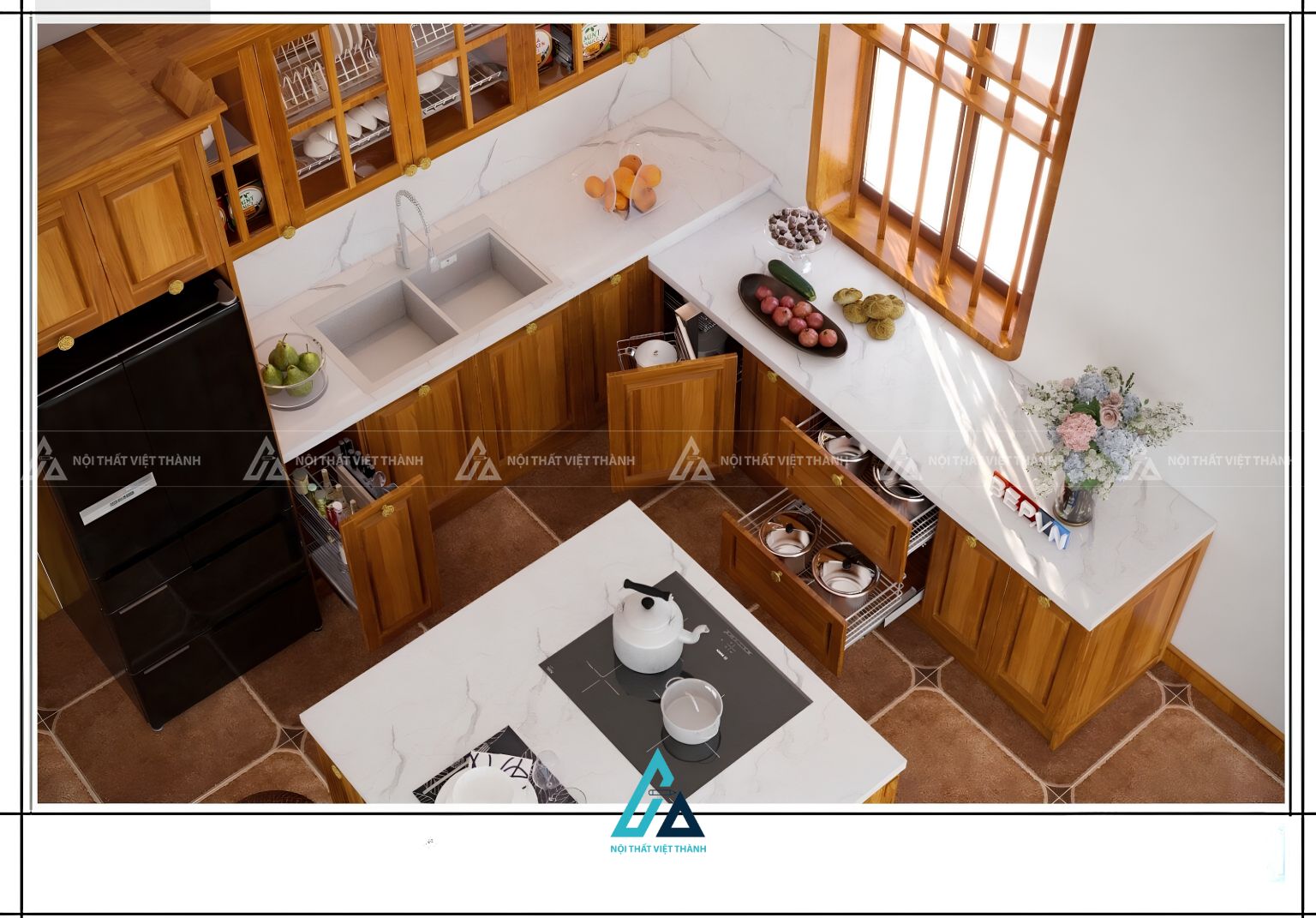 Mẫu tủ bếp gỗ gõ đỏ tự nhiên ấm cúng kèm bàn đảo kết hợp bar 1
