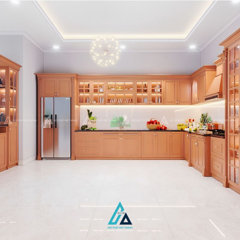 Tủ bếp gỗ tự nhiên tân cổ điển kịch trần tối ưu không gian lưu trữ
