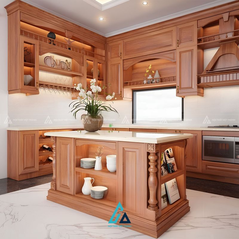 Tủ bếp gỗ tự nhiên tân cổ điển sang trọng với hệ bàn đảo trung tâm 1