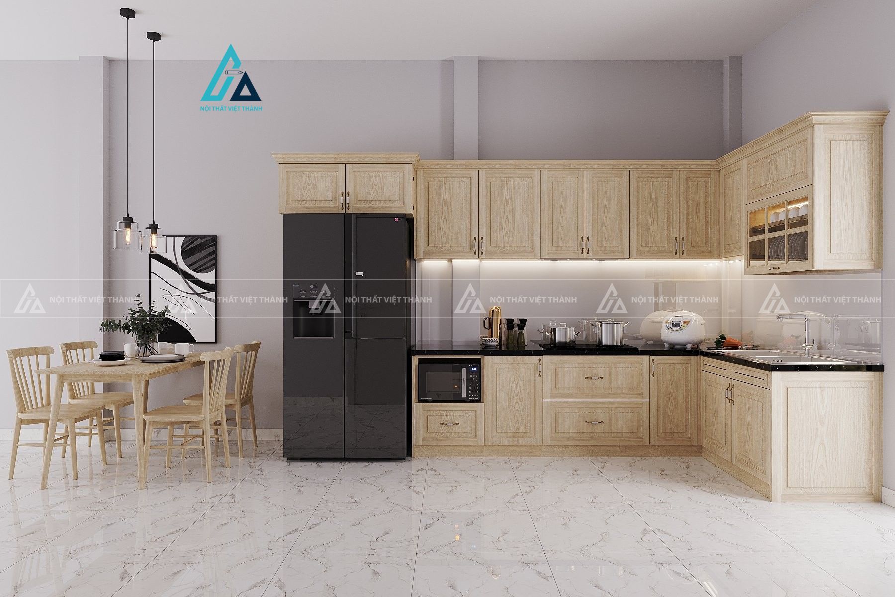 Tủ bếp gỗ tự nhiên màu sáng hiện đại kèm bàn ăn tiện nghi