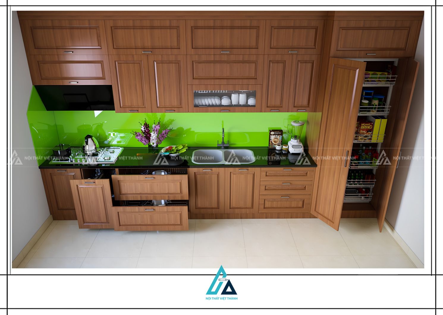 Tủ bếp gỗ tự nhiên chữ I hiện đại phối kính ốp bếp xanh nổi bật 1