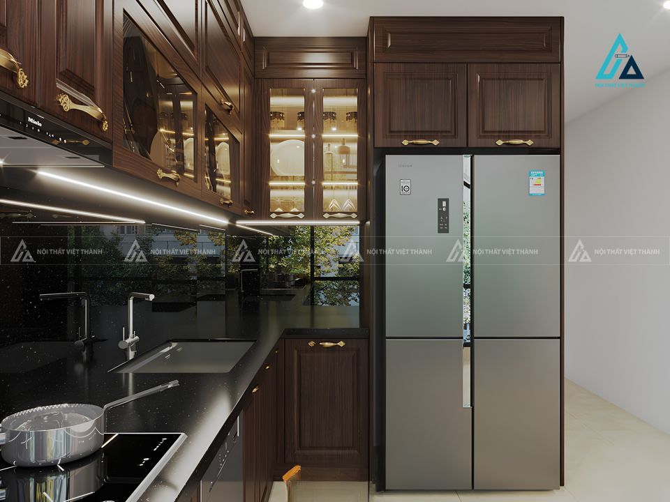 Tủ bếp gỗ tự nhiên thiết kế chữ L hiện đại tối ưu diện tích bếp 1