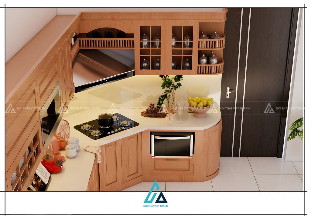 Mẫu tủ bếp gỗ tự nhiên tinh tế phối vách kính bếp màu kem nhã nhặn 2