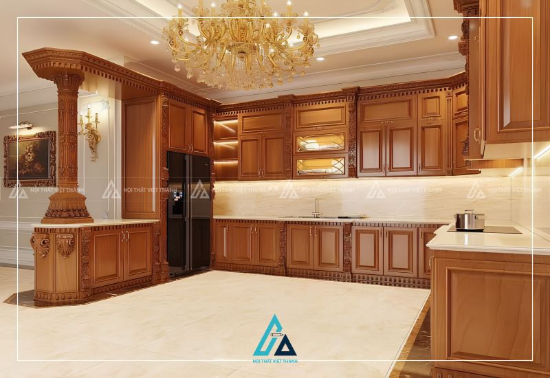 Mẫu tủ bếp gỗ tự nhiên cao cấp với hoa văn chạm khắc tinh tế 1