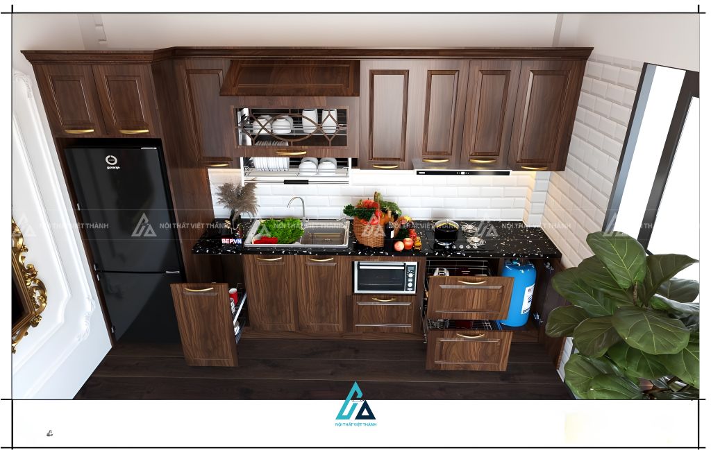 Mẫu tủ bếp gỗ tự nhiên tích hợp lò vi sóng âm tủ tiện lợi 1