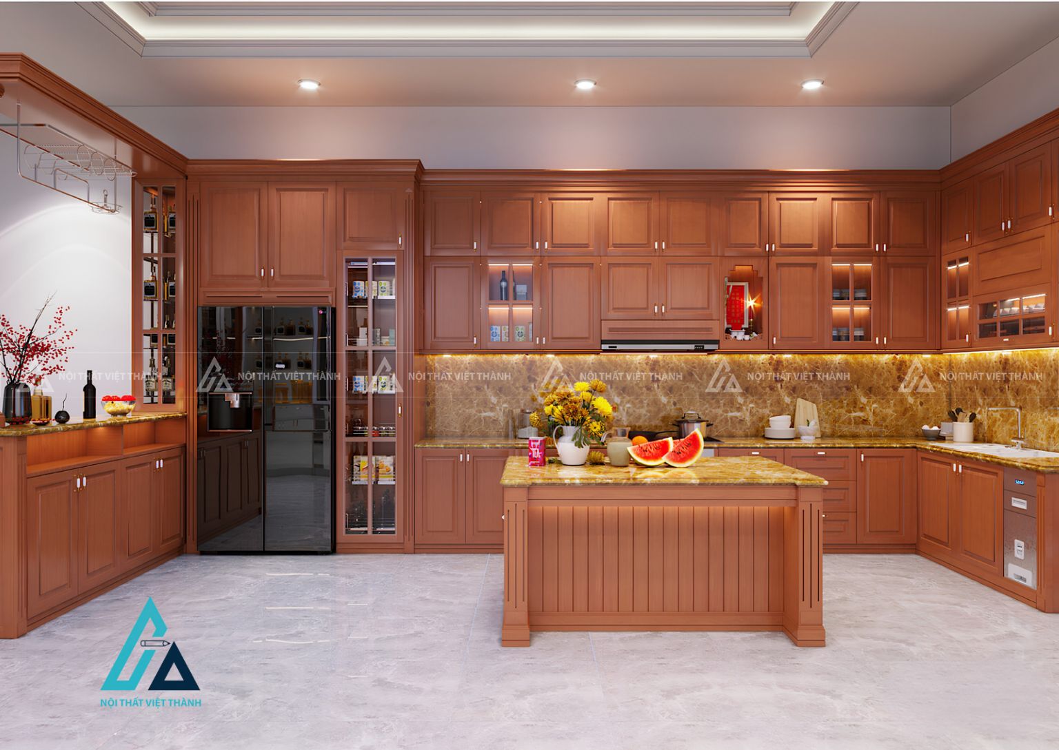 Mẫu tủ bếp gỗ tự nhiên đầy đủ công năng với hệ lưu trữ thông minh