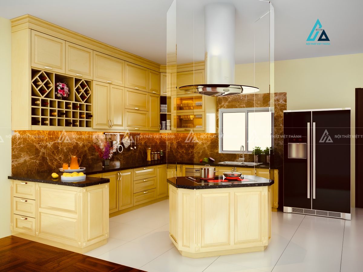 Tủ bếp gỗ tự nhiên tân cổ điển sang trọng kèm bàn đảo bếp độc lập