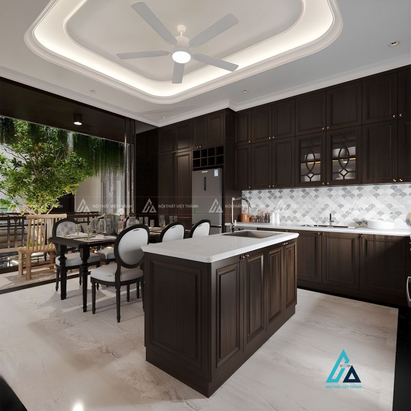 Tủ bếp gỗ tự nhiên màu đen kết hợp bàn ăn sang trọng đẳng cấp 1