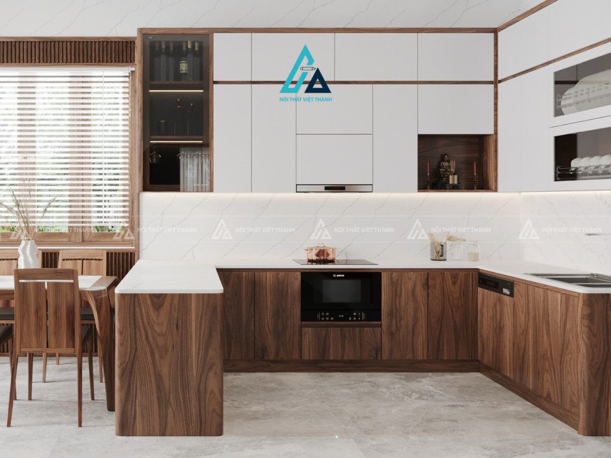 Tủ bếp gỗ tự nhiên chữ U phối tủ trên sơn trắng phẳng tối giản