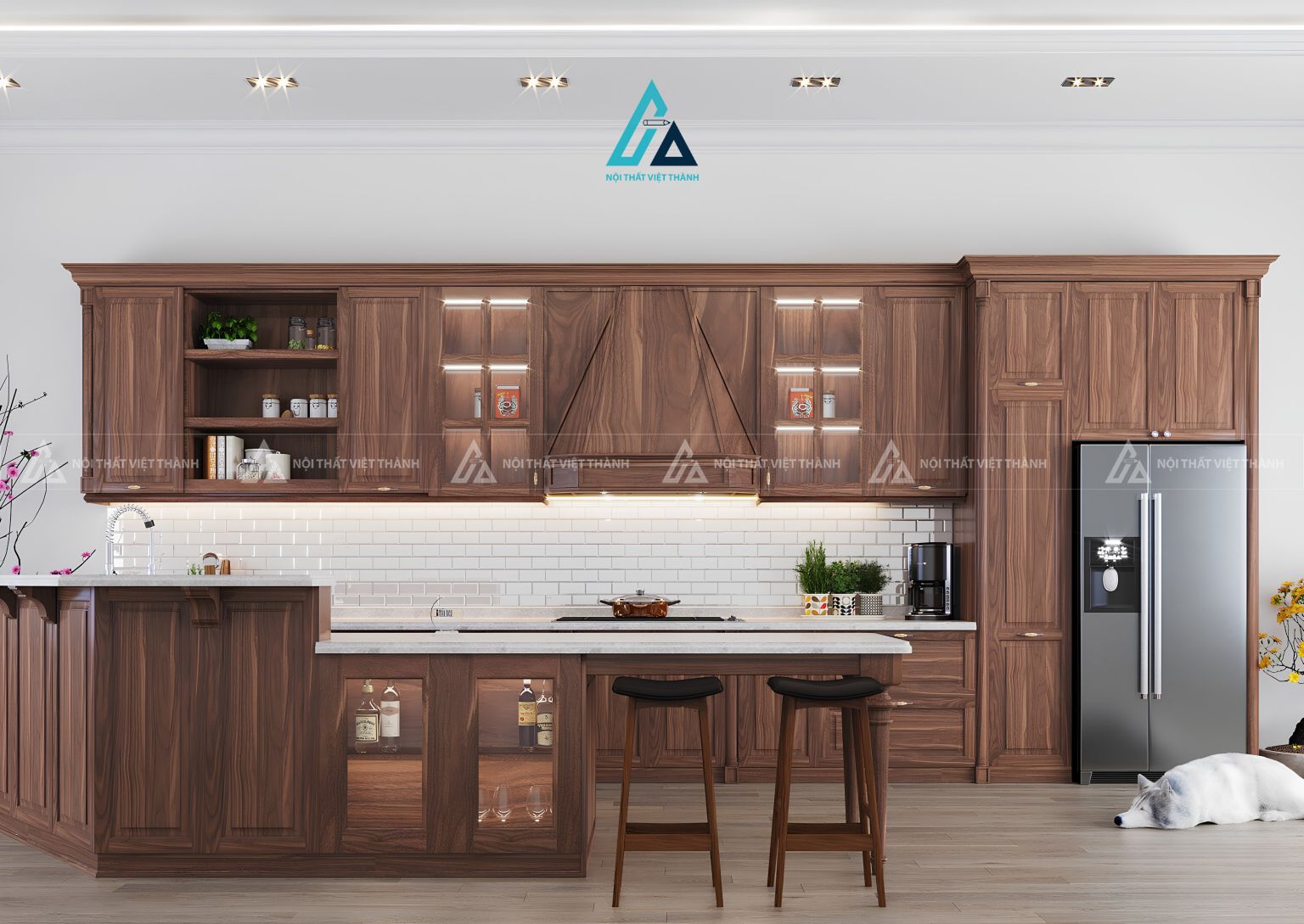 Bộ tủ bếp gỗ tự nhiên đẳng cấp tích hợp không gian quầy bar