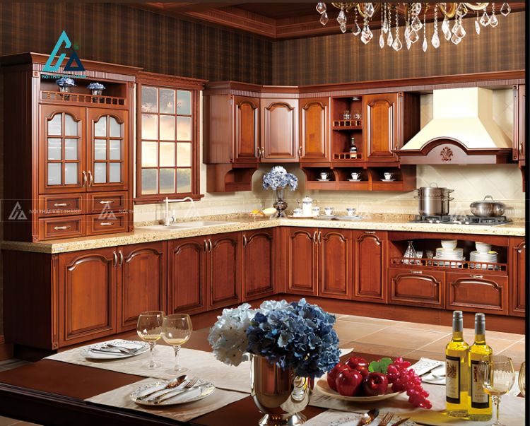 Tủ bếp gỗ tự nhiên tân cổ điển sang trọng cho không gian biệt thự 1
