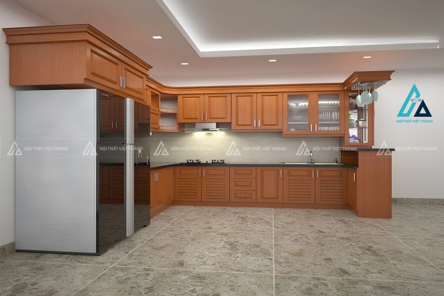 Hệ tủ bếp gỗ tự nhiên tích hợp ô chứa tủ lạnh kịch trần bề thế 2