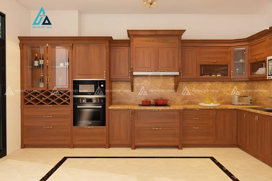 Tủ bếp gỗ tự nhiên tân cổ điển trang bị giá bát nâng hạ thông minh 1
