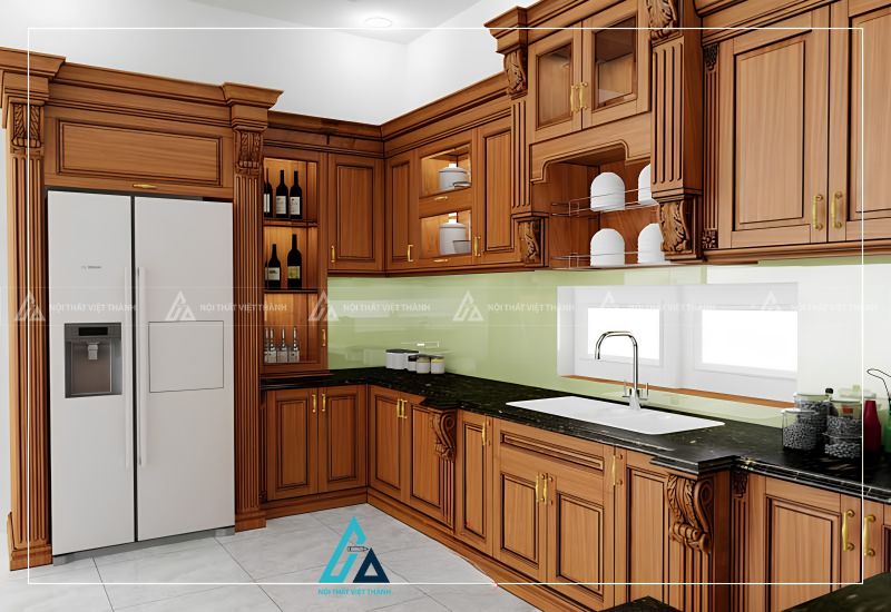 Bộ tủ bếp gỗ tự nhiên phong cách quý tộc cho không gian bếp