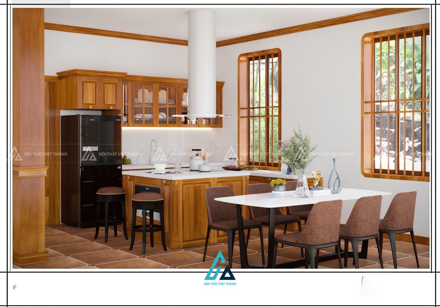 Mẫu tủ bếp gỗ gõ đỏ tự nhiên ấm cúng kèm bàn đảo kết hợp bar 2