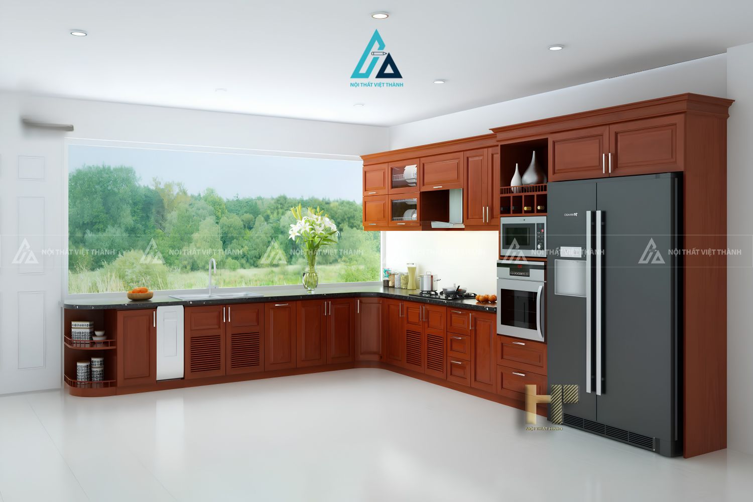 Tủ bếp gỗ tự nhiên tân cổ điển bo góc tinh tế kèm mặt đá đen 1