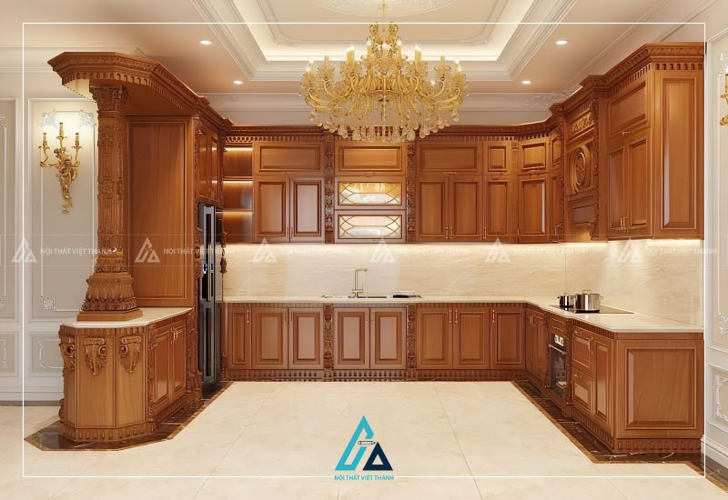 Mẫu tủ bếp gỗ tự nhiên cao cấp với hoa văn chạm khắc tinh tế
