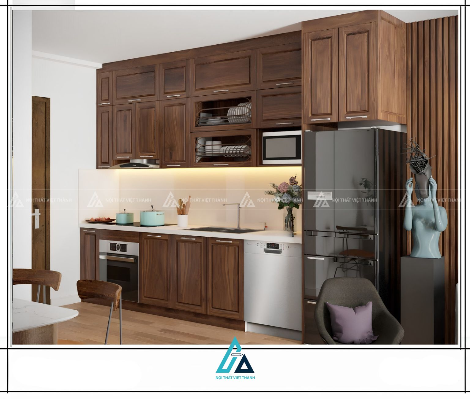 Tủ bếp gỗ tự nhiên tân cổ điển chữ I tích hợp lò nướng tiện nghi 1