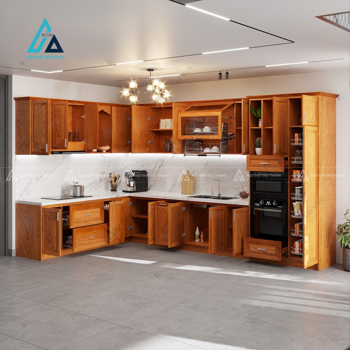 Tủ bếp gỗ tự nhiên chữ L tích hợp khoang lò nướng hiện đại 2