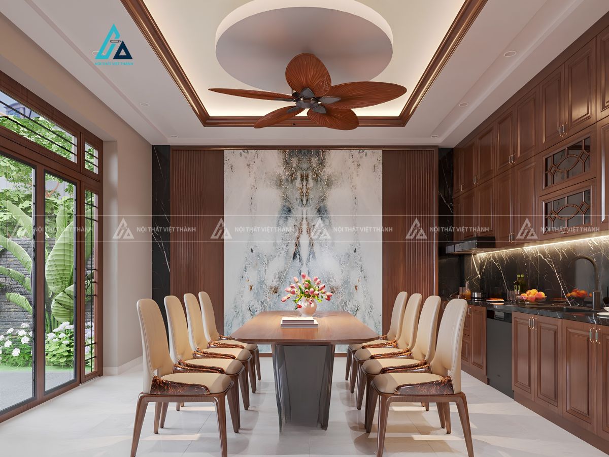 Mẫu tủ bếp gỗ tự nhiên phong cách tân cổ điển nhẹ nhàng sang trọng 1