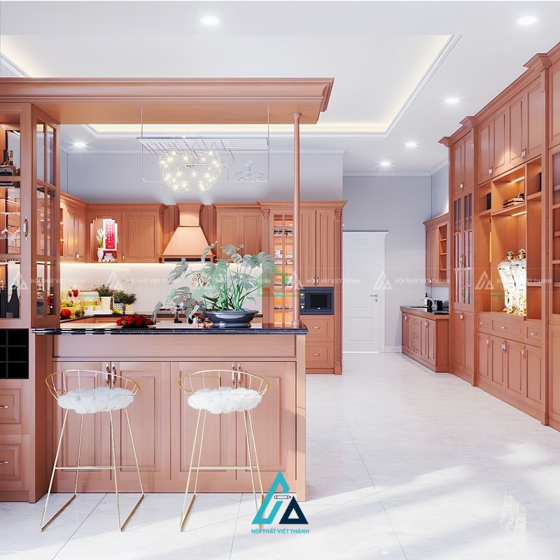 Tủ bếp gỗ tự nhiên tân cổ điển kịch trần tối ưu không gian lưu trữ 2