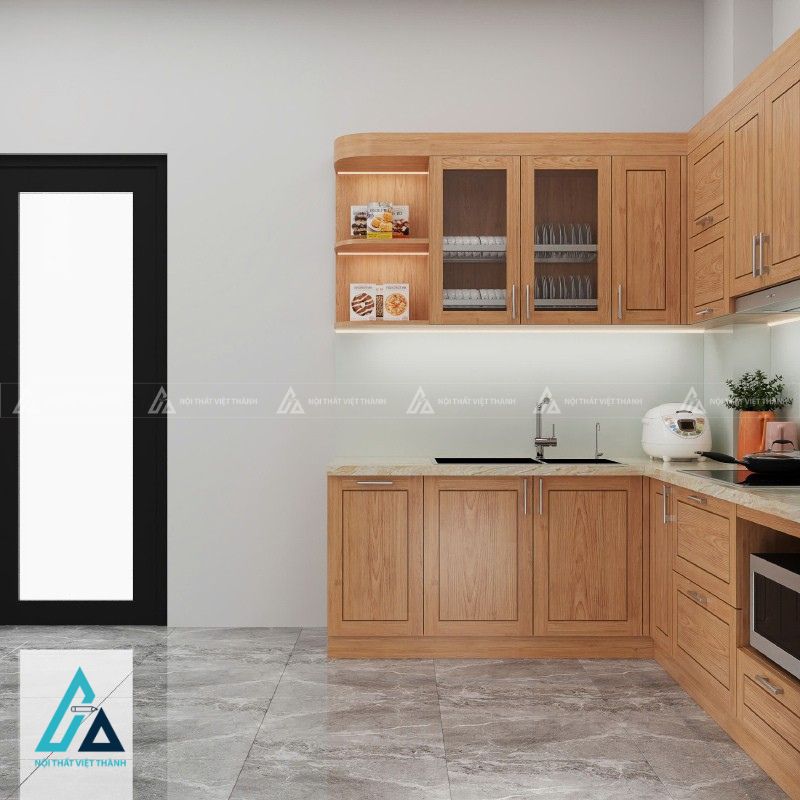 Tủ bếp gỗ tự nhiên nhỏ gọn có khoang chứa lò vi sóng tiện lợi 1
