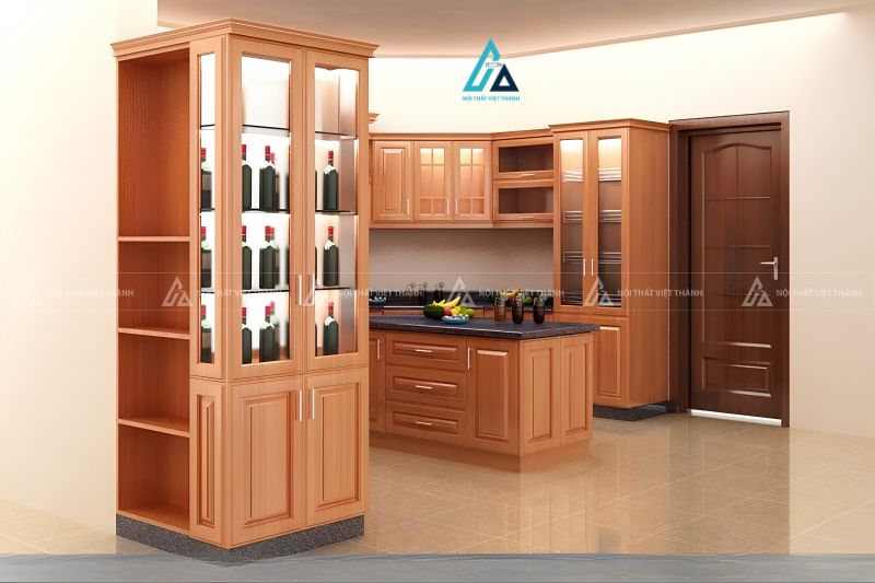 Mẫu tủ bếp gỗ gõ đỏ tự nhiên dáng chữ U bề thế và sang trọng 1