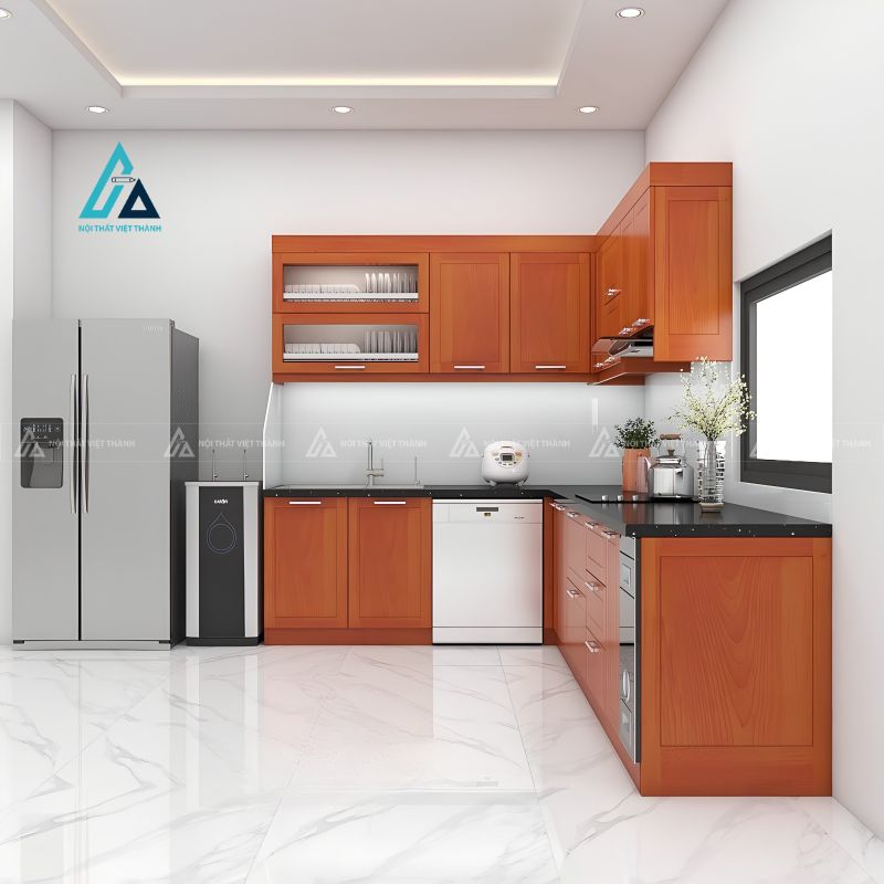 Mẫu tủ bếp gỗ tự nhiên chữ L hiện đại tích hợp ô chứa tủ lạnh 1