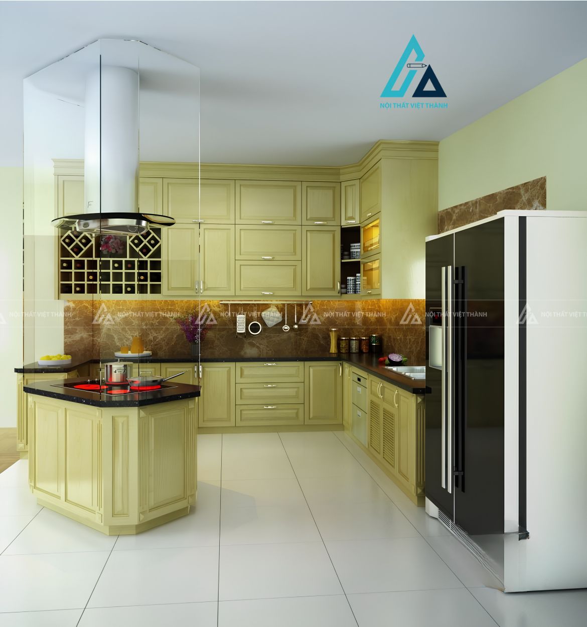 Tủ bếp gỗ tự nhiên tân cổ điển sang trọng kèm bàn đảo bếp độc lập 1
